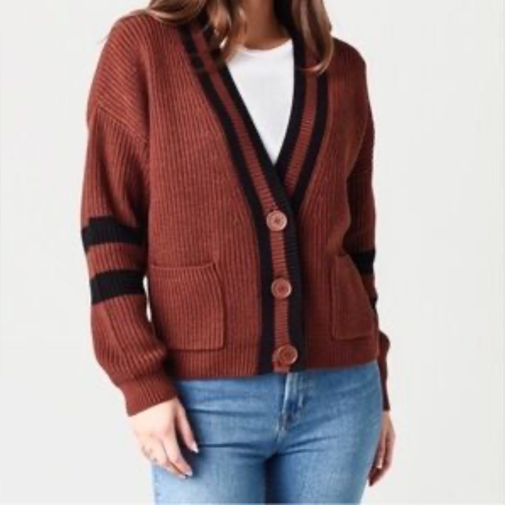 525 America Cropped Varsity V-Neck Cardigan Sweater Brown Black Stripes XS
